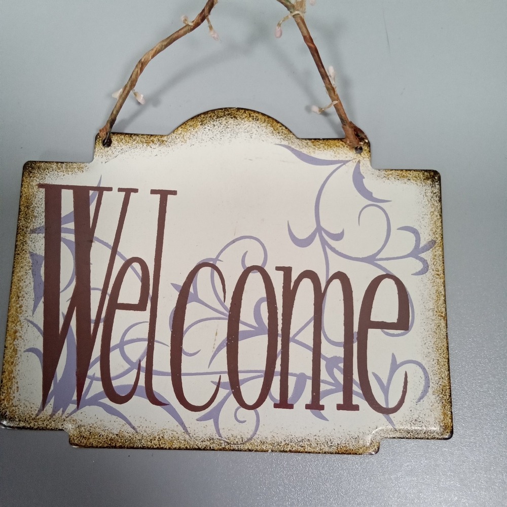 Rustic Metal Welcome Sign Distressed Wall Plaque with Pip Berry Wire Hanger 8x6 - Picture 2 of 7